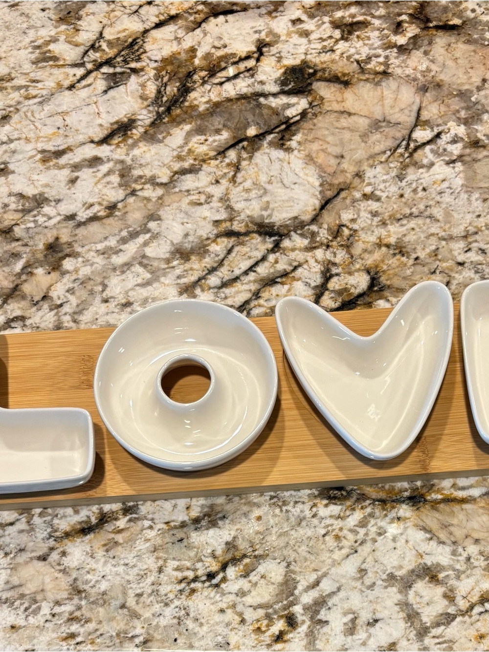 White Ceramic 'Love' Snack Serving Set with Bamboo Tray